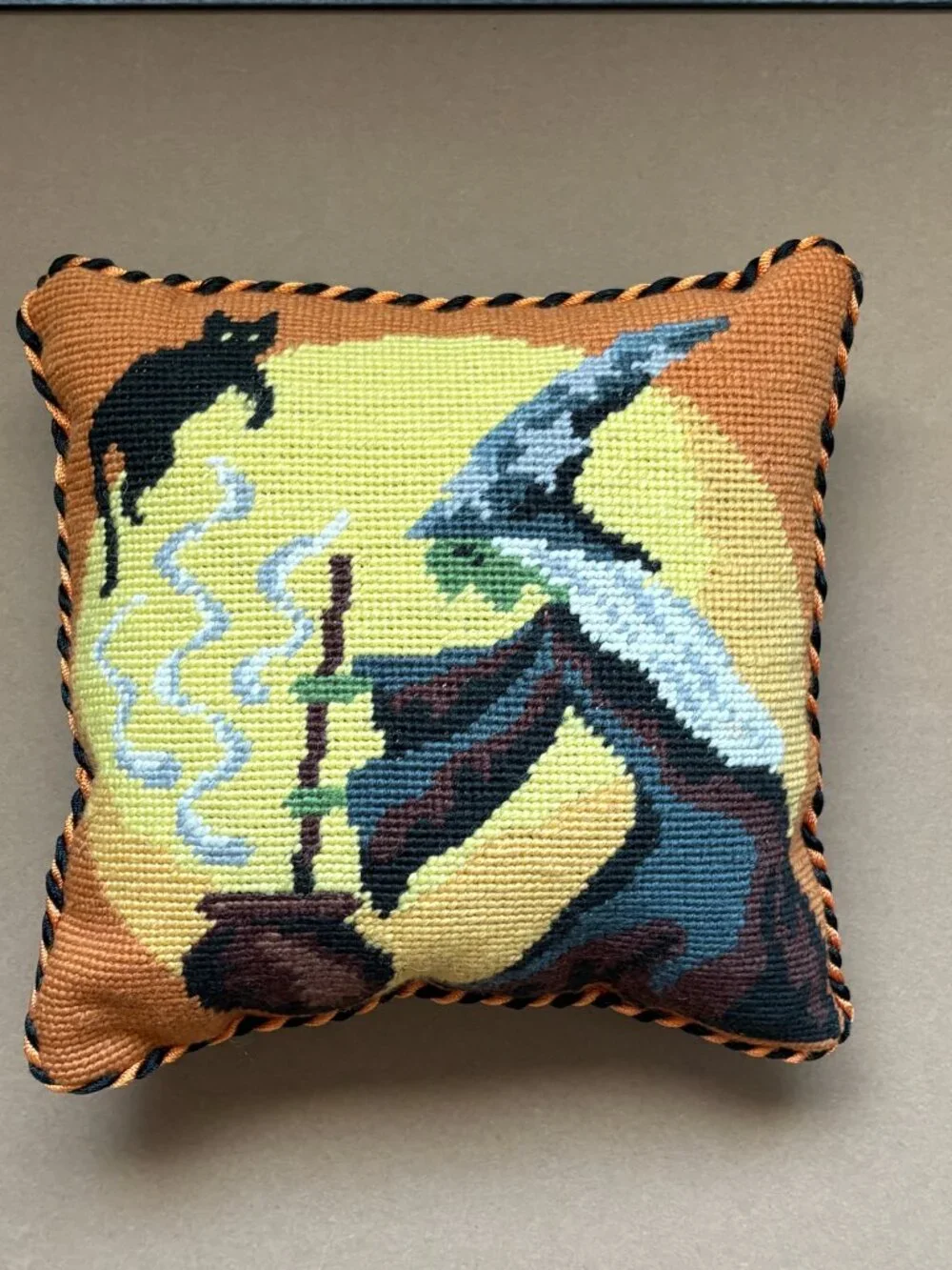 Needlepoint Tapestry Witch Cat Cauldron Pillow Velvet Halloween 9 x 9 Inch Decor